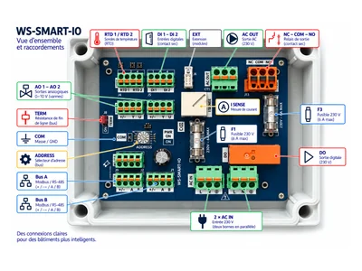 Vue d'ensemble annotée du module WS-SMART-IO dans son boîtier ouvert : borniers RTD 1 et RTD 2 pour les sondes de température, entrées digitales DI 1 et DI 2 en contact sec, sorties analogiques AO 1 et AO 2 de 0 à 10 V pour les vannes, connecteur d'extension EXT, sortie AC OUT 230 V, relais de sortie NC – COM – NO en contact sec, mesure de courant I SENSE, fusibles F1 et F3 de 6 A max en 230 V, sortie digitale DO 230 V, résistance de fin de ligne TERM, borne de masse COM, sélecteur d'adresse ADDRESS, borniers de bus Modbus RS-485 A et B, et l'entrée 230 V AC IN sur deux bornes en parallèle